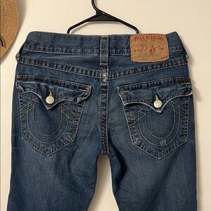 True Religion Women's Dark Blue Boot Cut Jeans with Signature Pocket Flaps